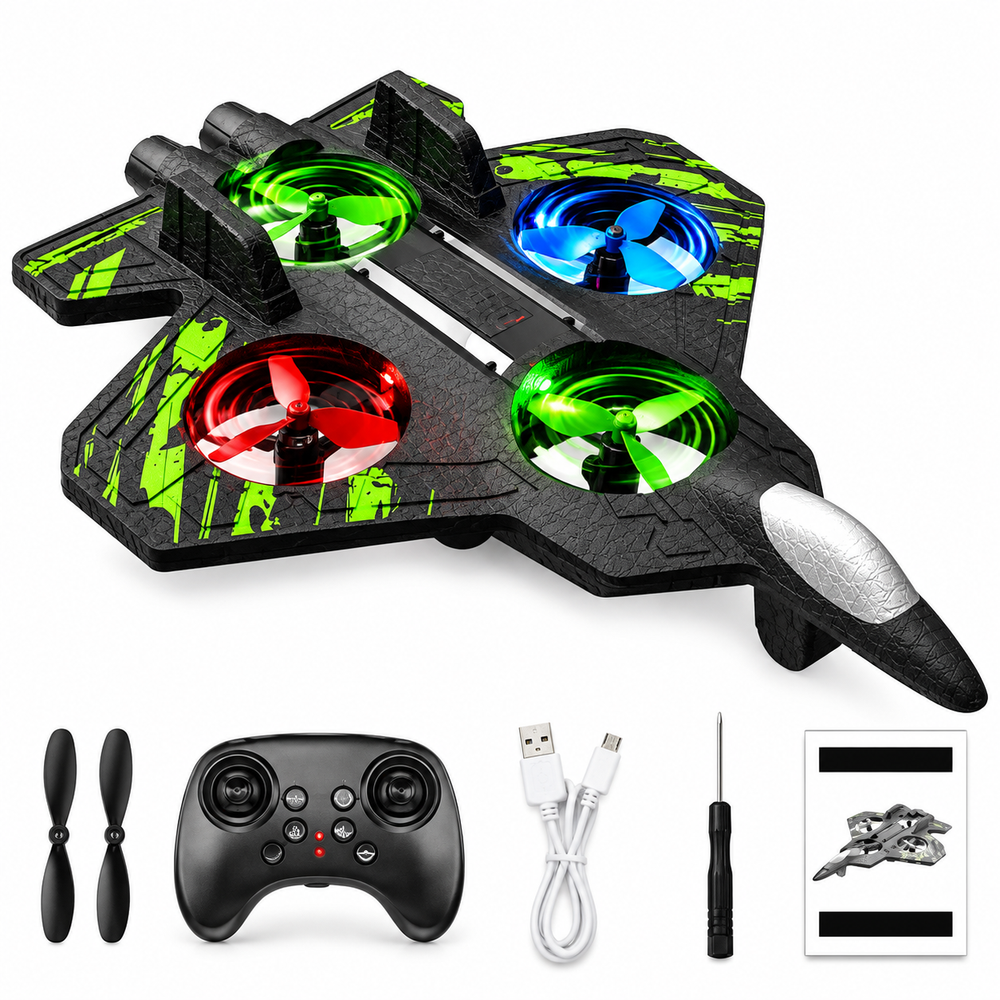 Avion cu Telecomandă RC, Acrobații 360°, Lumini LED Multicolore, Spumă Ușoară, Negru-Verde Powersale