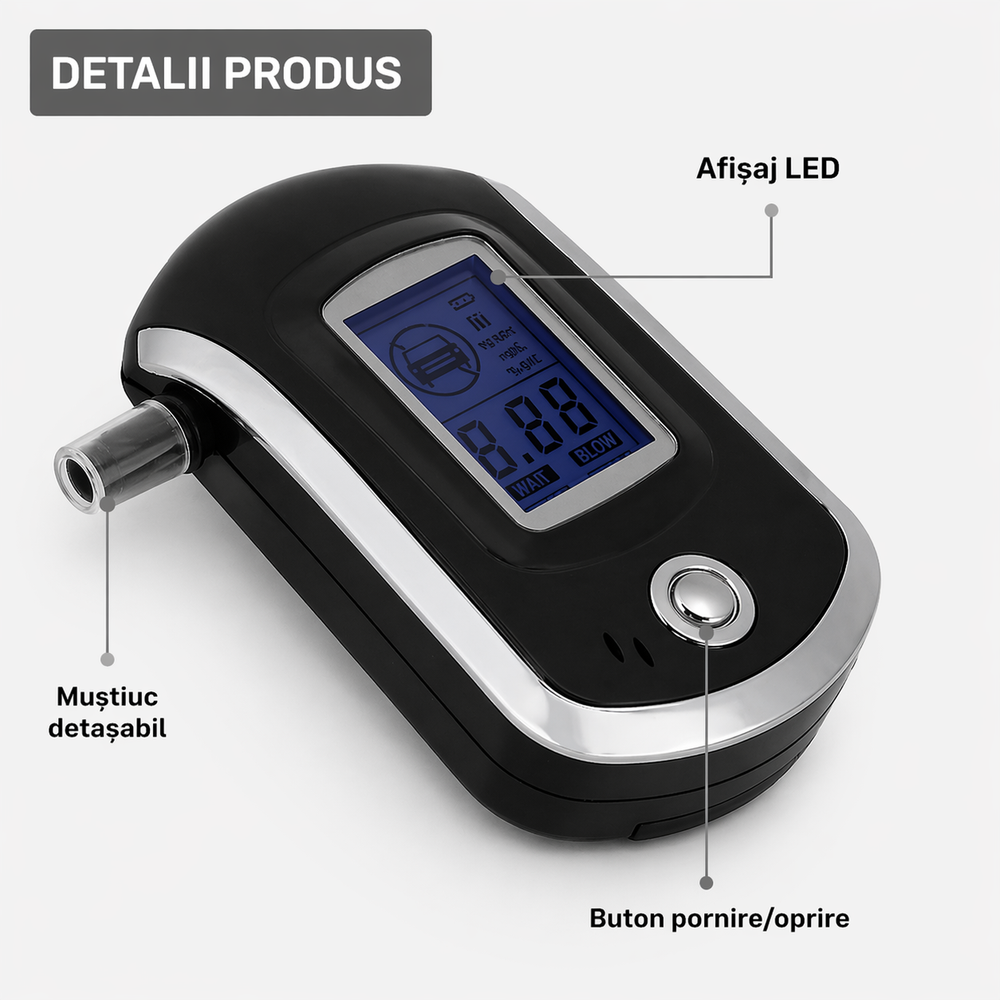Tester Alcoolemie Digital Portabil cu 5 Muștiucuri, Afișaj LCD, Rezultate Rapide și Precise PromotiiZilnice