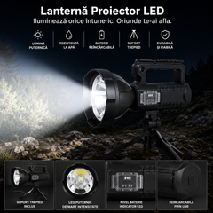 Lanterna LED Reincarcabila Profesionala 4000 Lumeni, Functie Powerbank, Trepied Inclus, 4 Moduri Iluminare, USB, Raza Mare de Actiune, Negru PromotiiZilnice