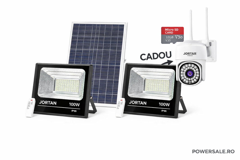 Set 2 Proiectoare Solare JORTAN 100W IP66 + CADOU Cameră Supraveghere Jortan 1080P WiFi cu Card 32GB Inclus Powersale