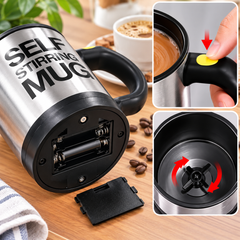 Set 2 Căni cu Amestecare Automată Self Stirring Mug, Inox, Capac, Buton Pornire BunSiPractic