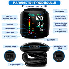 Tensiometru Digital de Încheietură, Ecran LED Mare, Măsurare Automată, Detectare Puls Neregulat, Memorie, Anunț Vocal, USB-C, Negru PromotiiZilnice