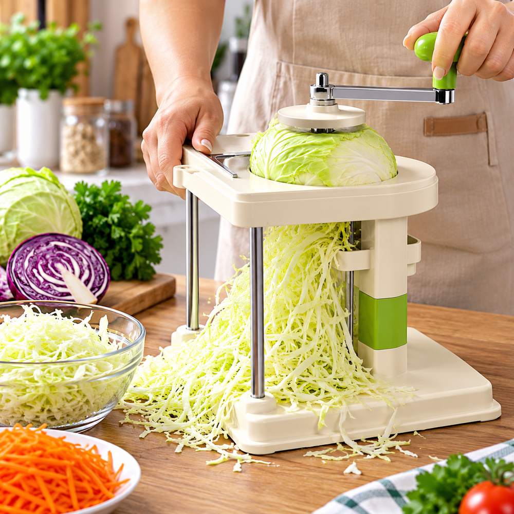 Tocător Manual pentru Varză și Legume, cu Manivelă, 25,5 × 23 × 23,5 cm, Crem-Verde PromotiiZilnice
