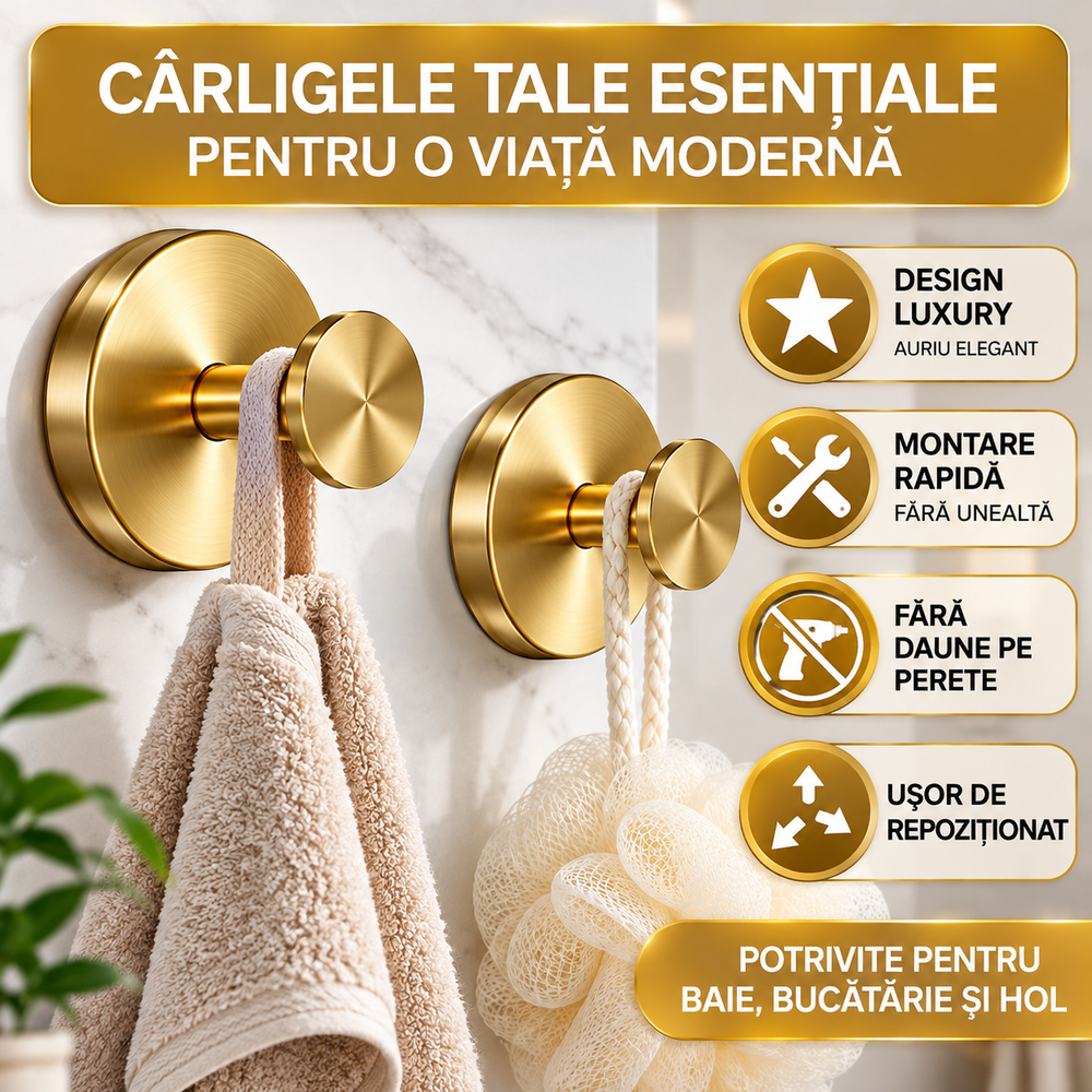 Set 2 Cârlige Aurii cu Ventuză, Fără Găurire, Rezistente la Apă, pentru Baie și Bucătărie Powersale