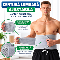 Centură Lombară Ajustabilă, Suport pentru Spate, Compresie Dublă, Material Respirabil, Fixare Velcro, Unisex, Gri BunSiPractic