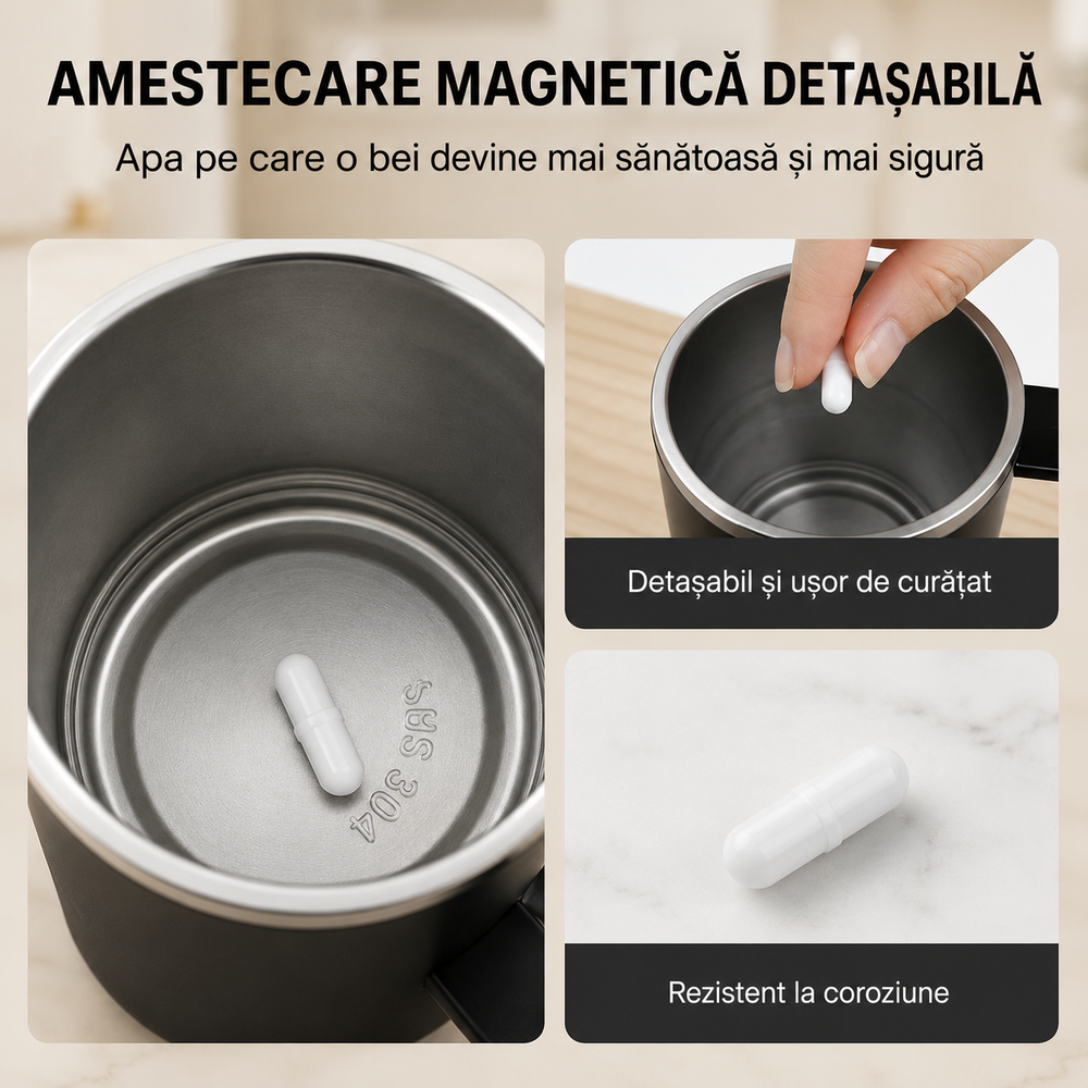 Cană Automată cu Amestecare Magnetică, Inox, Afișaj Temperatură, USB Type-C PromotiiZilnice