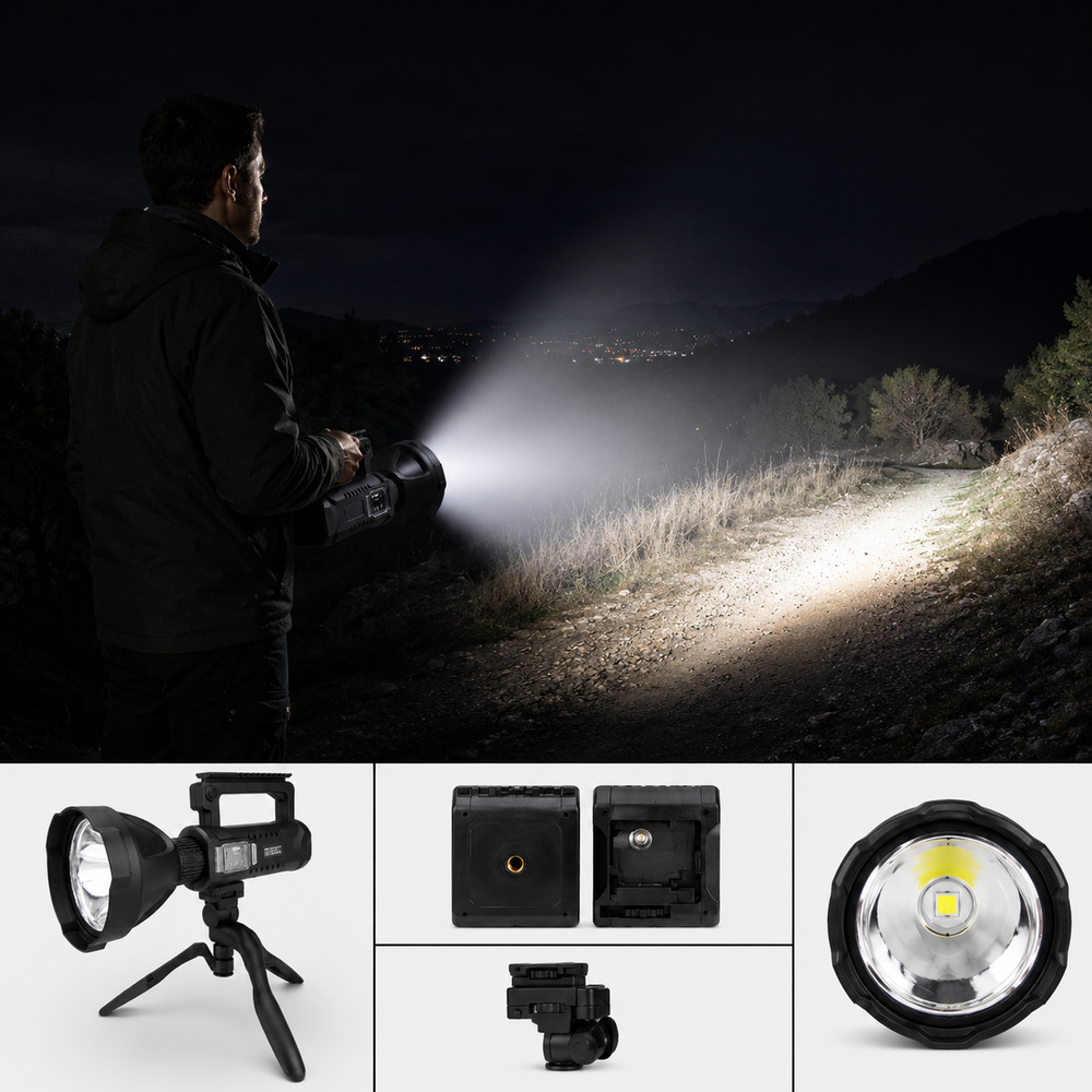 Lanterna LED Reincarcabila Profesionala 4000 Lumeni, Functie Powerbank, Trepied Inclus, 4 Moduri Iluminare, USB, Raza Mare de Actiune, Negru PromotiiZilnice