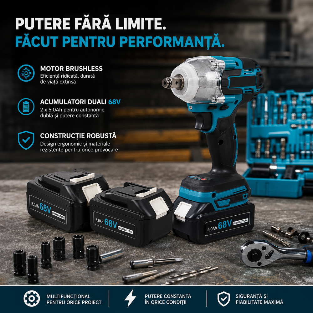 Trusa Masina de Impact si Insurubat 550Nm cu 2 Acumulatori 68V 5Ah, Motor Brushless, 43 Accesorii si Valiza Transport PromotiiZilnice