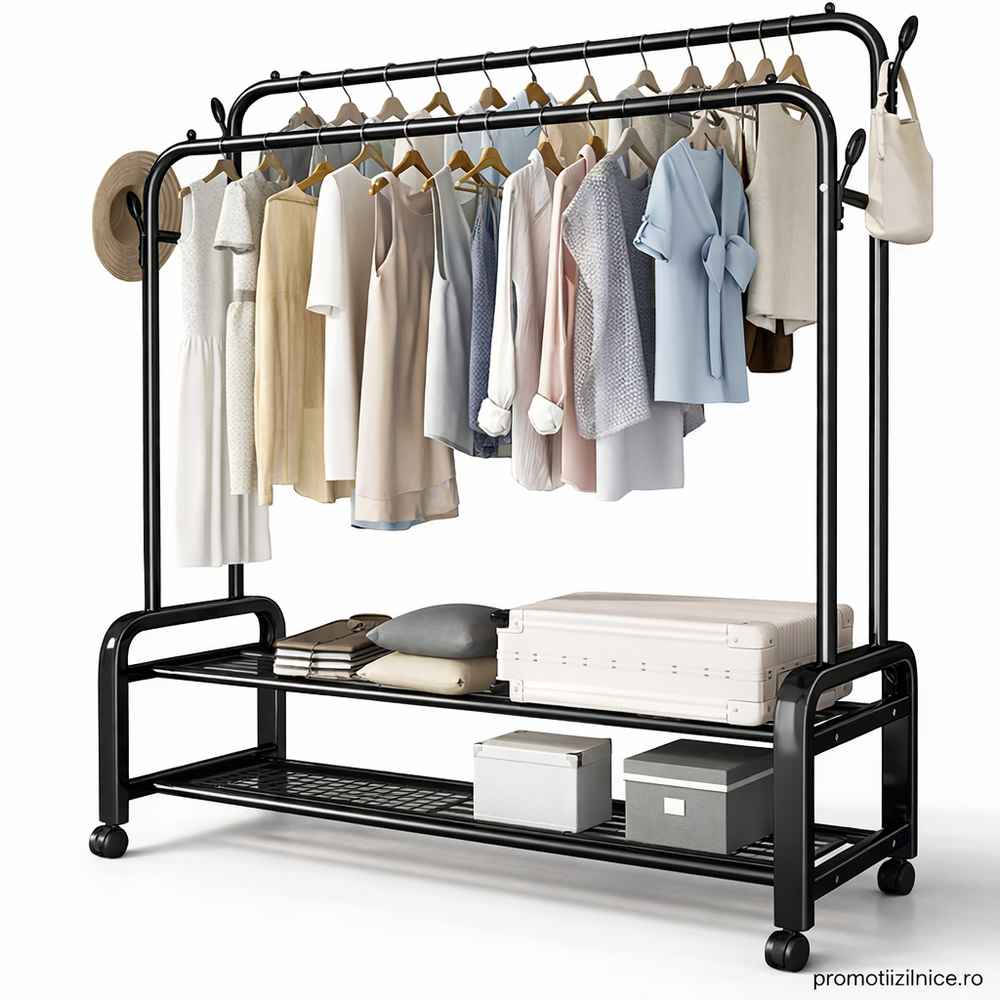 Suport pentru haine metalic cu roți 143x96x42 cm – organizator haine multifuncțional cu rafturi și cârlige, negru PromotiiZilnice