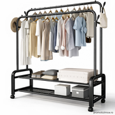 Suport pentru haine metalic cu roți 143x96x42 cm – organizator haine multifuncțional cu rafturi și cârlige, negru PromotiiZilnice