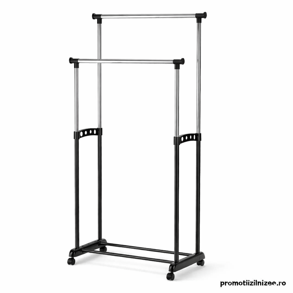 Suport Haine Dublu Reglabil cu Roti 100-170 cm – Stender Metalic pentru Umerase, Organizator Garderoba PromotiiZilnice