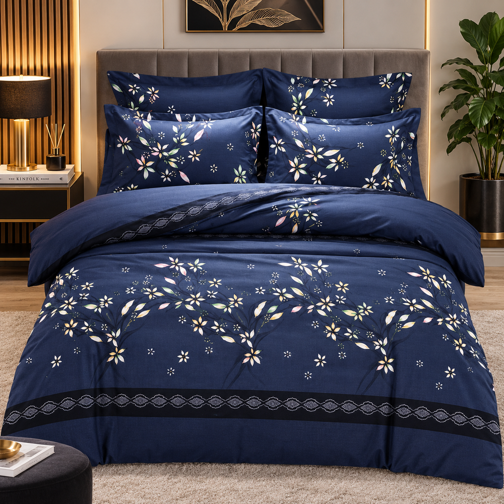 Lenjerie de Pat din Finet, 4 Piese, Model Floral, Bleumarin Powersale