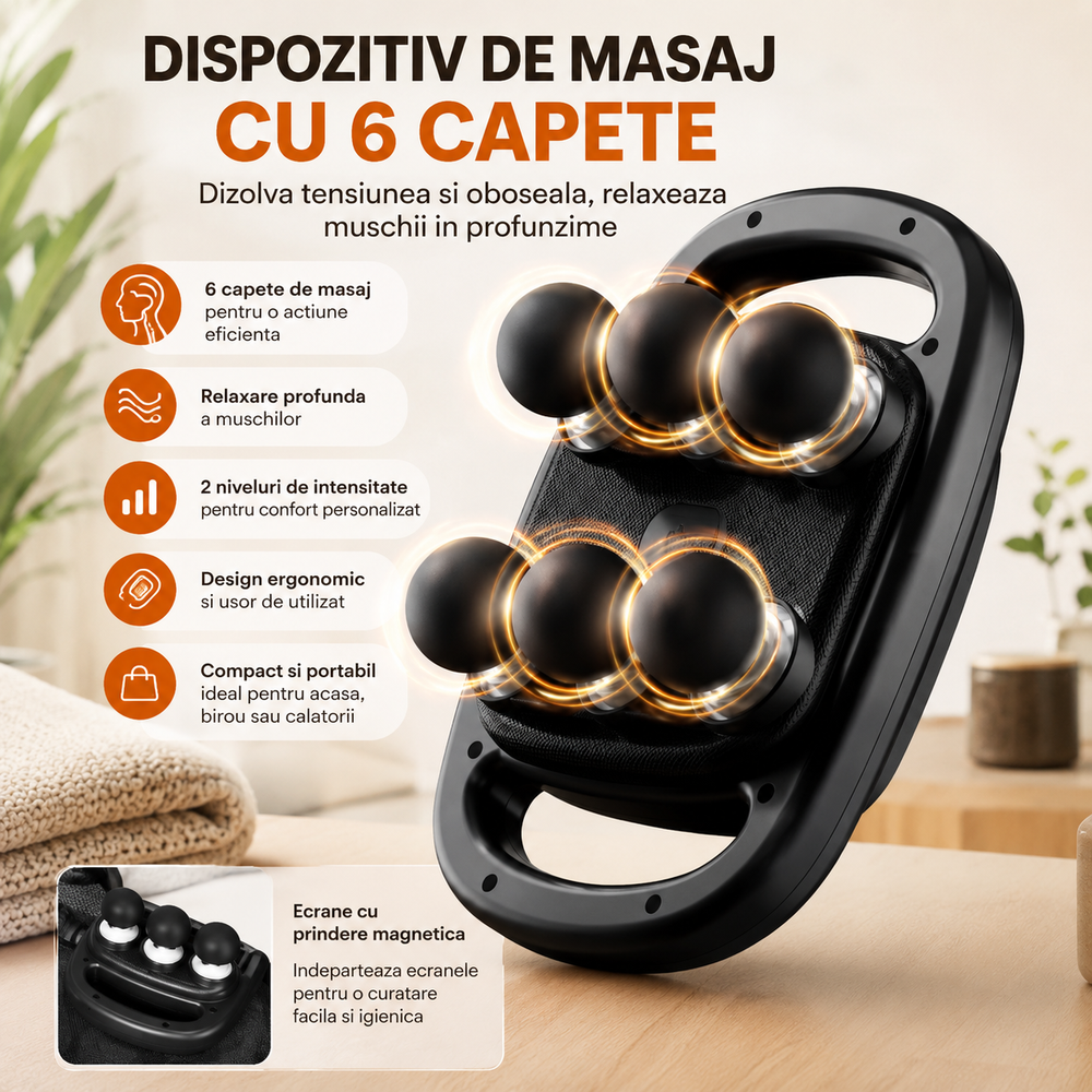 Aparat de Masaj Profesional cu 6 Capete, Display Digital, Lumină LED Roșie, Portabil, Relaxare Musculară Profundă Powersale