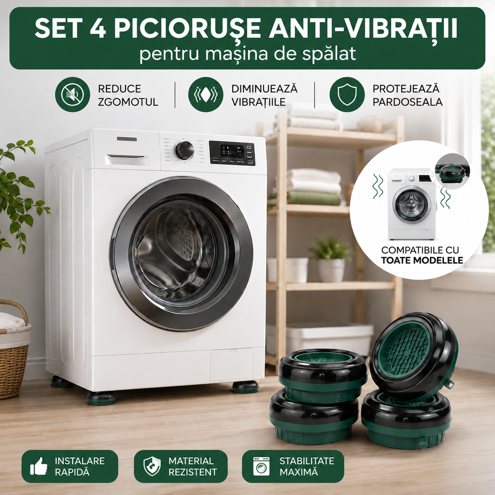 Set 4 Piciorușe Antivibrație pentru Mașina de Spălat, Universale, Suporturi Anti-Zgomot și Anti-Alunecare, Protecție Pardoseală PromotiiZilnice