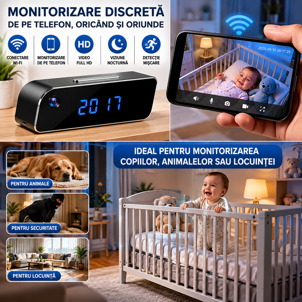 Ceas Digital cu Cameră de Supraveghere WiFi, Full HD 1080P, Viziune Nocturnă, Detecție Mișcare, Microfon, Negru BunSiPractic