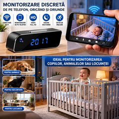 Ceas Digital cu Cameră de Supraveghere WiFi, Full HD 1080P, Viziune Nocturnă, Detecție Mișcare, Microfon, Negru BunSiPractic