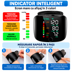 Tensiometru Digital de Încheietură, Ecran LED Mare, Măsurare Automată, Detectare Puls Neregulat, Memorie, Anunț Vocal, USB-C, Negru PromotiiZilnice