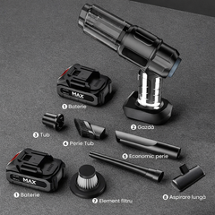 Aspirator Auto 6 in 1 Fara Fir, pentru Casa, Masina, Calculator, Birou, Putere 100W, Eficienta Mare, Functii de Aspirare, Suflare, Vidare, Filtru HEPA, Perie Detailing, Negru PromotiiZilnice