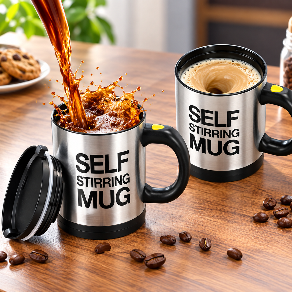 Set 2 Căni cu Amestecare Automată Self Stirring Mug, Inox, Capac, Buton Pornire BunSiPractic