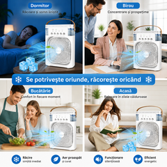 Mini Ventilator Portabil 3 în 1 cu Răcire Aer, Umidificator și Purificator, Rezervor 600ml, Iluminare RGB 7 Culori, 3 Trepte de Viteză, USB – Ideal pentru Birou, Dormitor și Camping PromotiiZilnice
