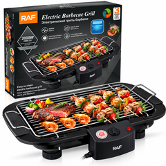 Grătar Electric RAF 2000W, 5 Trepte de Temperatură, Grilaj Inox, Termostat Reglabil, Negru Powersale