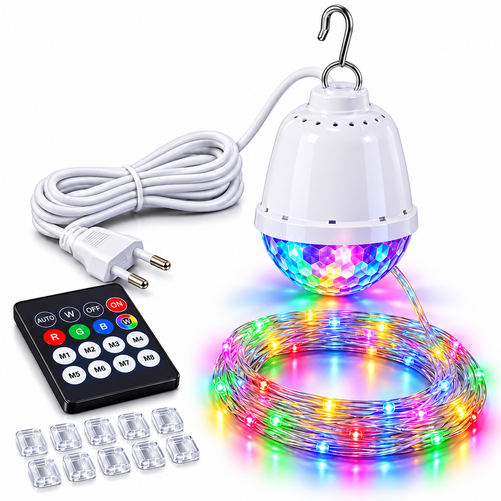Instalație LED de Crăciun cu Clopoțel Luminos pentru Vârful Bradului, 10 m, Glob de Cristal, Telecomandă, 8 Moduri de Iluminare, Multicolor Powersale