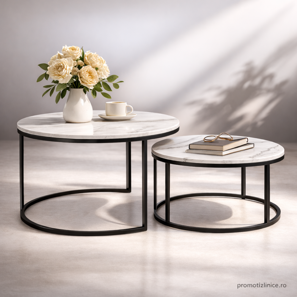 Set 2 măsuțe de cafea rotunde cu efect marmură – Blat MDF + Cadrul metalic rezistent | Design modern living PromotiiZilnice