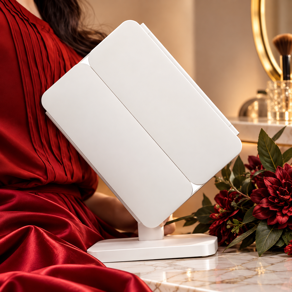 Oglindă Cosmetică LED Pliabilă cu Mărire, 3 Tipuri de Lumină, Intensitate Reglabilă, Control Touch, Suport Rotativ, Albă PromotiiZilnice
