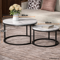 Set 2 măsuțe de cafea rotunde cu efect marmură – Blat MDF + Cadrul metalic rezistent | Design modern living PromotiiZilnice