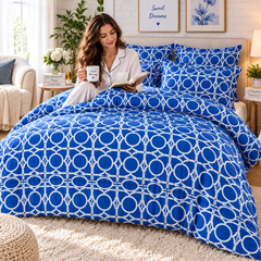 Lenjerie de Pat din Finet, 4 Piese, Albastru cu Model Geometric Powersale