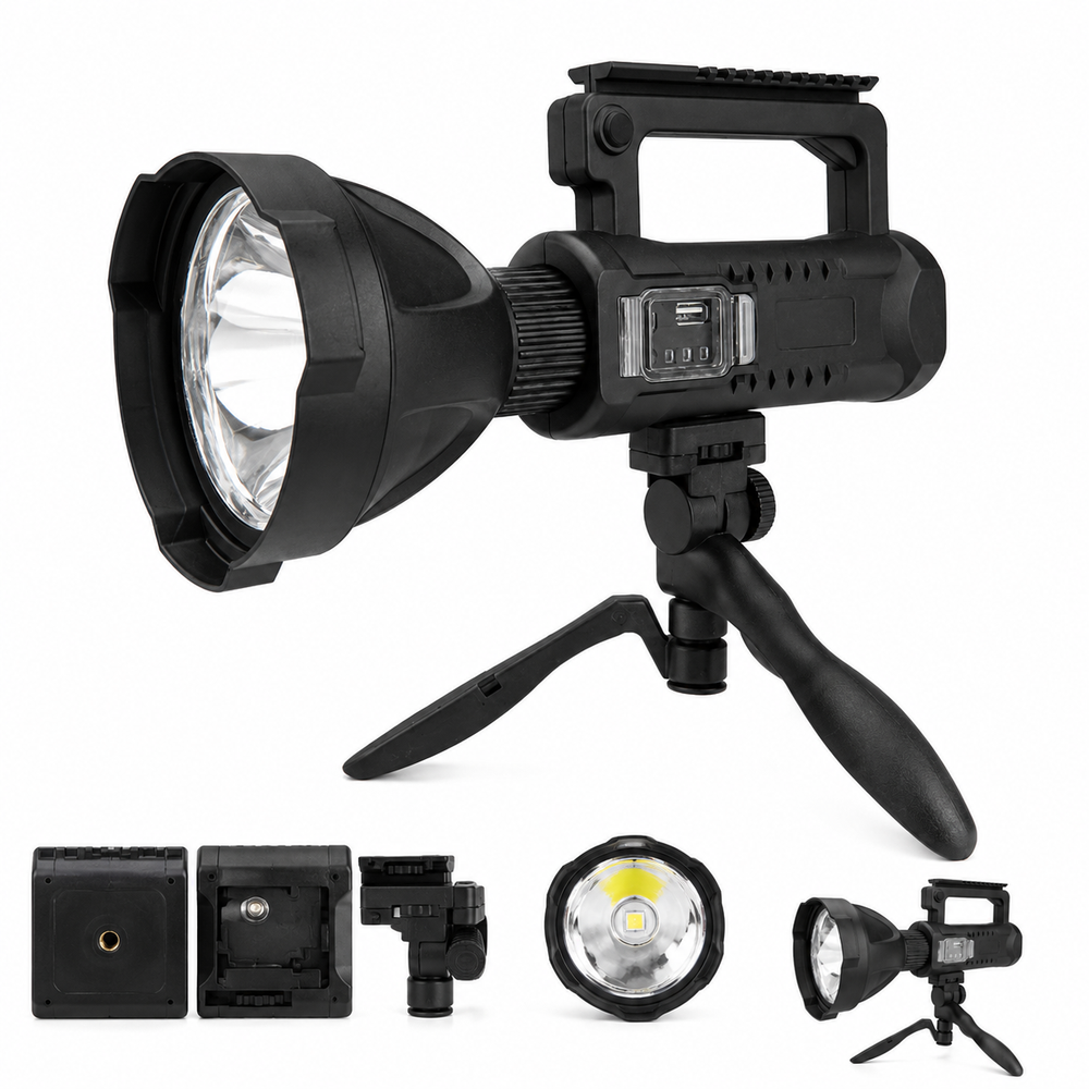 Lanterna LED Reincarcabila Profesionala 4000 Lumeni, Functie Powerbank, Trepied Inclus, 4 Moduri Iluminare, USB, Raza Mare de Actiune, Negru PromotiiZilnice