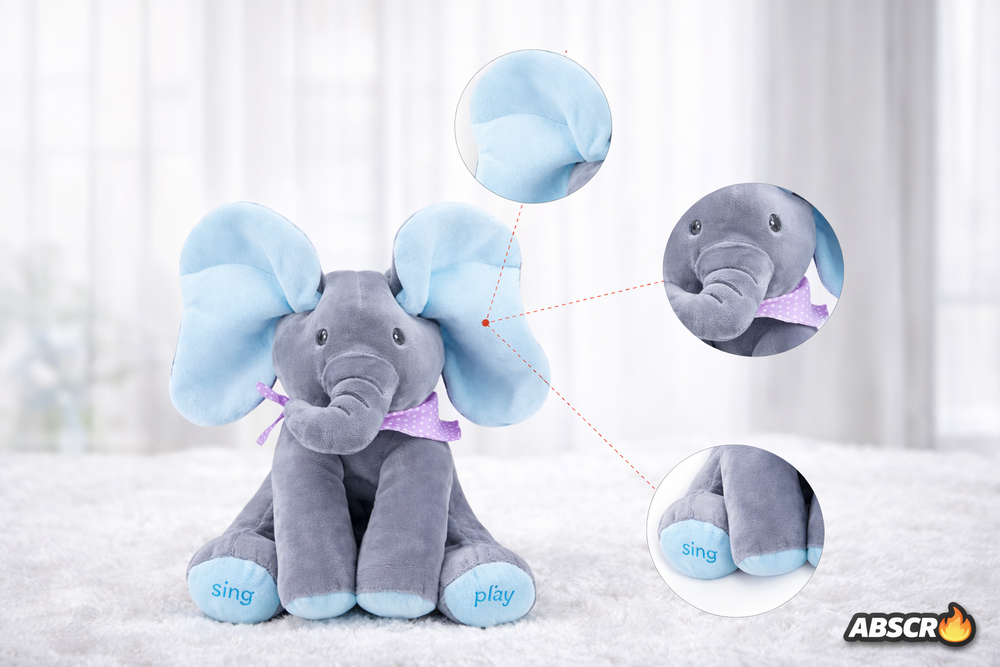 Jucarie de plus interactiva ABSCR Elefant Peek-a-Boo, canta si se joaca Cucu Bau, misca urechile, 2 moduri de joc, 33 x 16 cm, material moale, pentru copii PromotiiZilnice