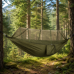 Hamac Camping cu Plasă Anti-Insecte 260x140 cm, Verde Kaki, Ultra Ușor, Portabil, cu Husă și Accesorii de Prindere Powersale