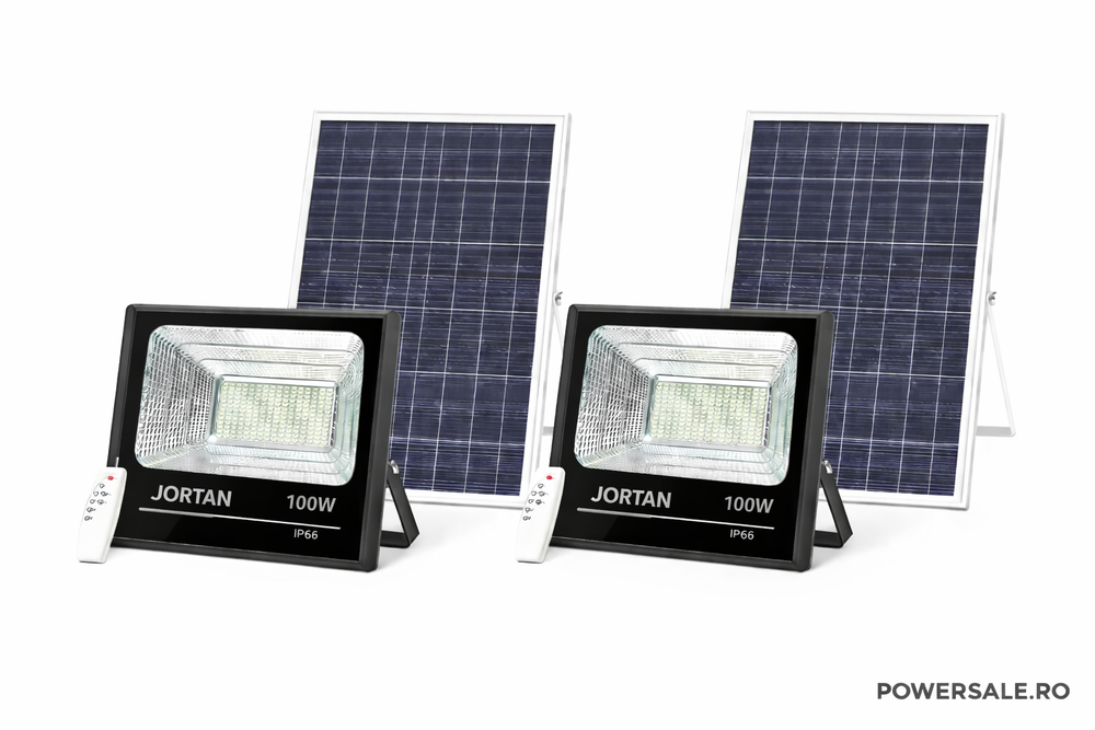 Set 2 Proiectoare Solare JORTAN 100W IP66 + CADOU Cameră Supraveghere Jortan 1080P WiFi cu Card 32GB Inclus Powersale