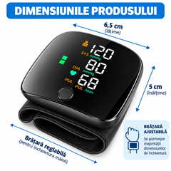 Tensiometru Digital de Încheietură, Ecran LED Mare, Măsurare Automată, Detectare Puls Neregulat, Memorie, Anunț Vocal, USB-C, Negru PromotiiZilnice