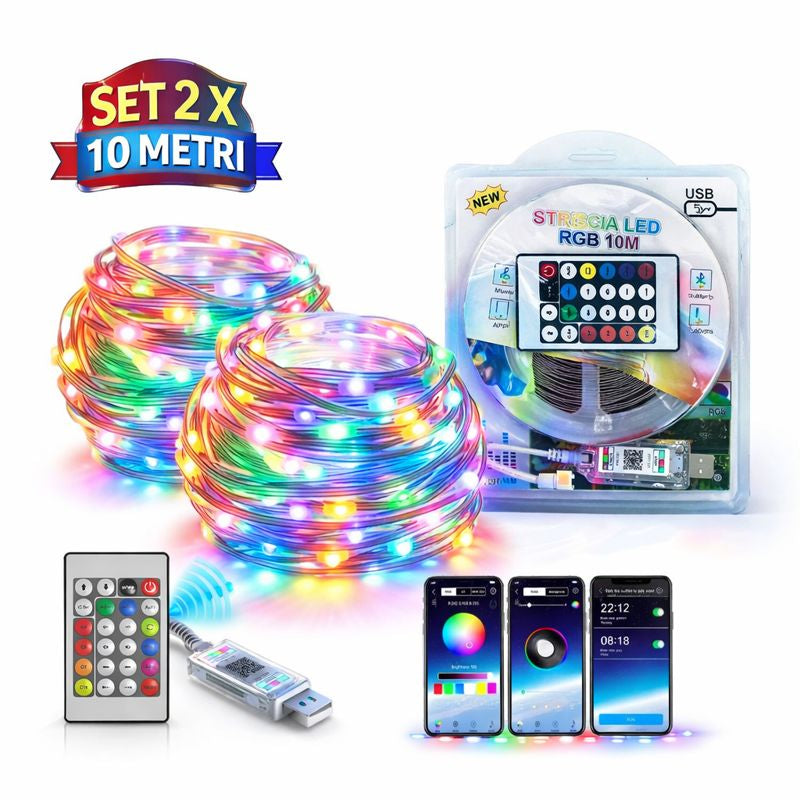 Set 2 Instalatii LED RGB 10m, Multicolor, Aplicatie Telefon, Intensitate Reglabila PromotiiZilnice