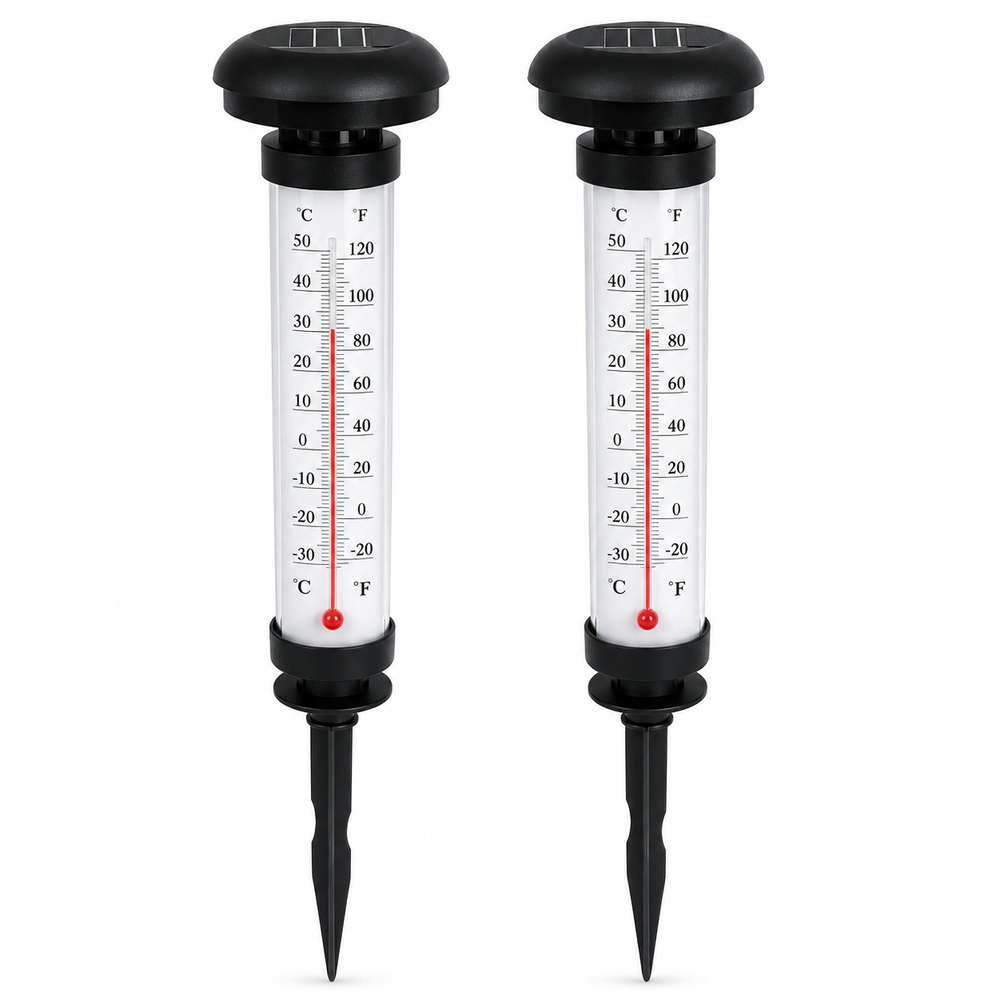 Set 2 Termometre Solare de Gradina cu Lampa LED, Afisaj Dual Celsius/Fahrenheit, Aprindere Automata, Incarcare Solara, Tarus Inclus, 35 cm, Negru PromotiiZilnice
