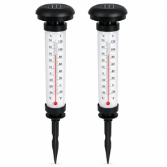 Set 2 Termometre Solare de Gradina cu Lampa LED, Afisaj Dual Celsius/Fahrenheit, Aprindere Automata, Incarcare Solara, Tarus Inclus, 35 cm, Negru PromotiiZilnice