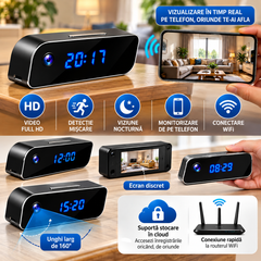 Ceas Digital cu Cameră de Supraveghere WiFi, Full HD 1080P, Viziune Nocturnă, Detecție Mișcare, Microfon, Negru BunSiPractic