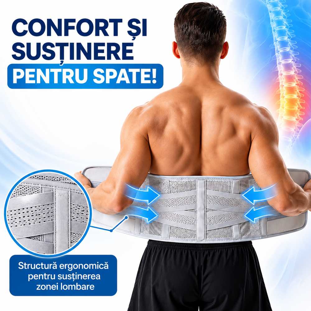 Centură Lombară Ajustabilă, Suport pentru Spate, Compresie Dublă, Material Respirabil, Fixare Velcro, Unisex, Gri PromotiiZilnice