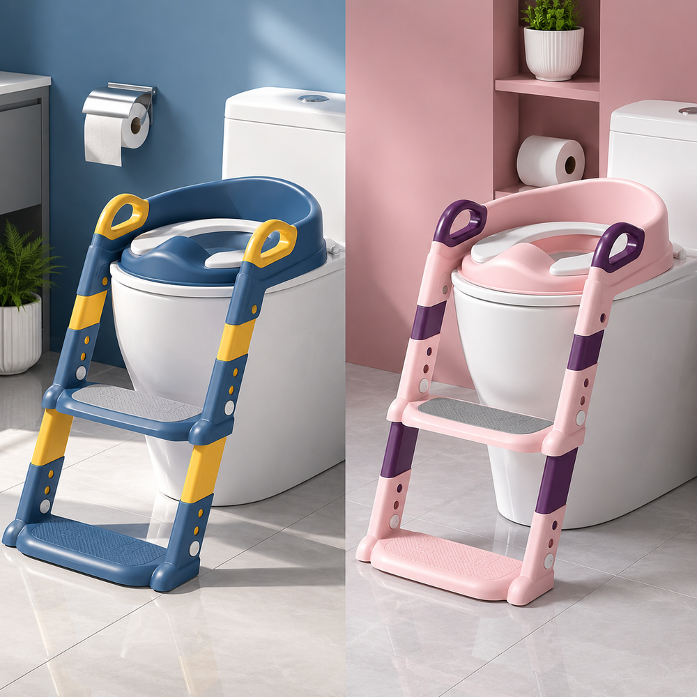 Reductor WC pentru Copii cu Scăriță Reglabilă, Pliabil, Antiderapant, Compatibil Universal, Roz & Albastru Powersale