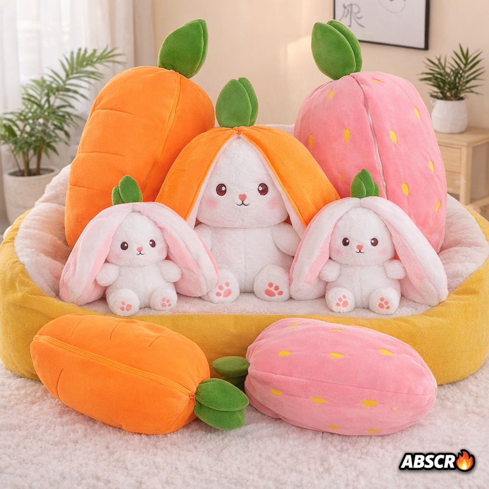 Set 2x Iepuraș de pluș transformabil 2 în 1 (morcov/căpșună) 30 cm – jucărie moale fleece & bumbac copii PromotiiZilnice