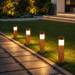 Set 4 Lampi Solare LED pentru Gradina si Alei, Aspect Lemn Natural, Aprindere Automata, Rezistente la Intemperii, Lumina Alba Calda BoomSale