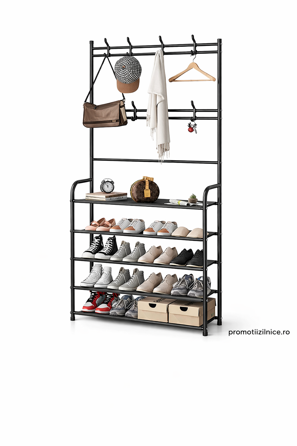 Cuier Metalic Multifuncțional cu Pantofar și 4 Rafturi Spațioase – Organizator pentru Hol, Living sau Dormitor, Design Modern Negru, Structură Rezistentă PromotiiZilnice