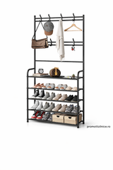 Cuier Metalic Multifuncțional cu Pantofar și 4 Rafturi Spațioase – Organizator pentru Hol, Living sau Dormitor, Design Modern Negru, Structură Rezistentă PromotiiZilnice