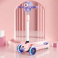 Trotineta multifunctionala copii 3 in 1 cu muzica, baloane de sapun si roti LED, pliabila, ghidon reglabil, scaun detasabil, roz-mov Powersale