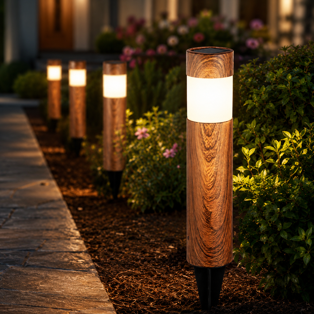 Set 4 Lampi Solare LED pentru Gradina si Alei, Aspect Lemn Natural, Aprindere Automata, Rezistente la Intemperii, Lumina Alba Calda BoomSale
