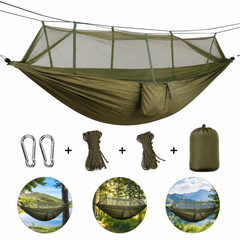 Hamac Camping cu Plasă Anti-Insecte 260x140 cm, Verde Kaki, Ultra Ușor, Portabil, cu Husă și Accesorii de Prindere Powersale