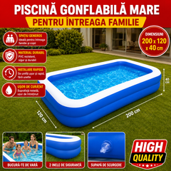 Piscina Gonflabila Mare pentru Familie 200 x 120 x 40 cm, 2 Inele de Siguranta, PVC Rezistent, Albastru Powersale