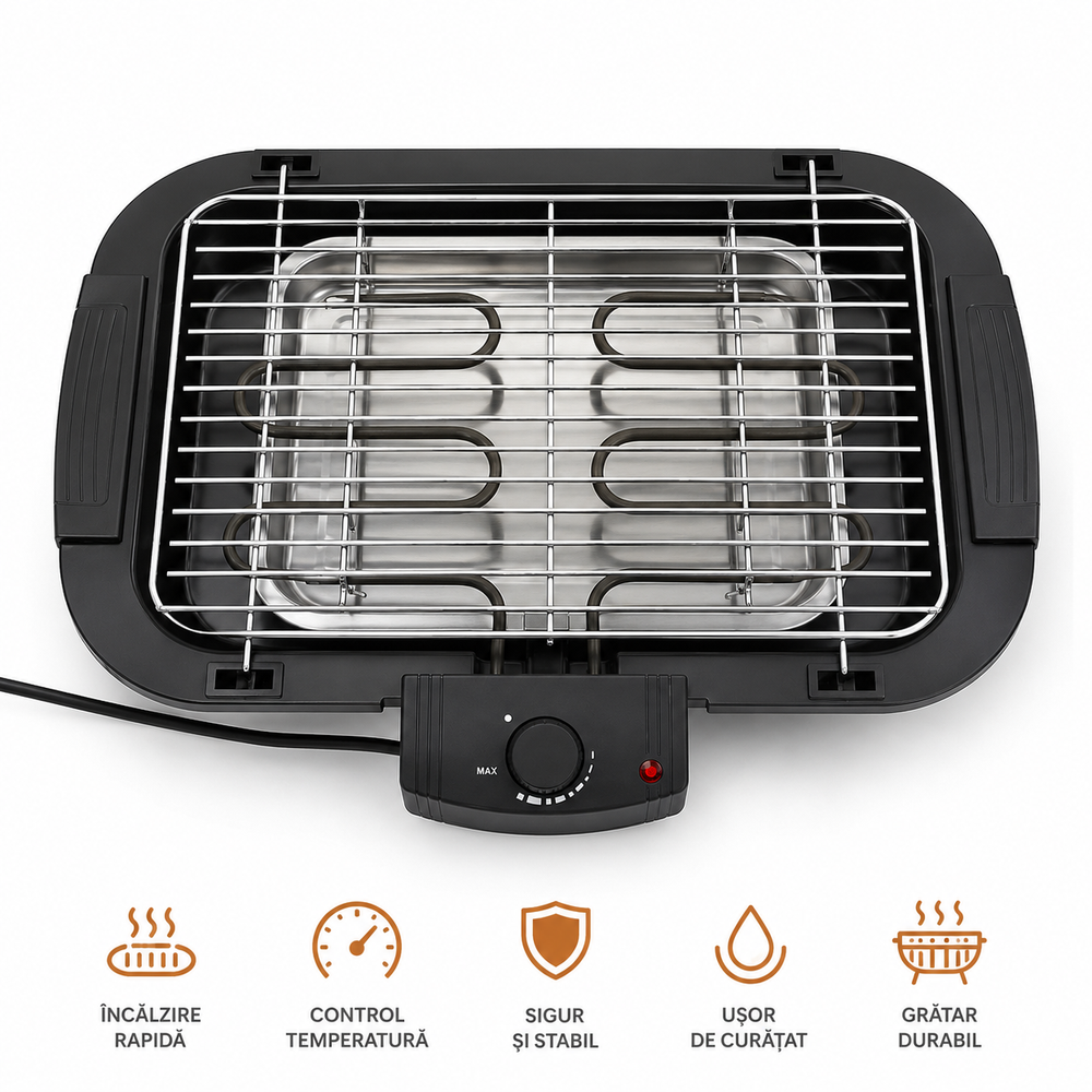 Gratar Electric 2000W, Termostat Reglabil, Grill Portabil pentru Interior si Exterior, Suprafata Mare de Gatire, Incalzire Rapida, Negru PromotiiZilnice